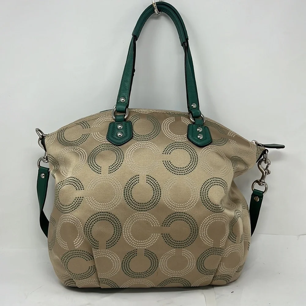 Coach Ashley F25183 Dotted Op Art North South Aegean Canvas Leather Hobo Tote
